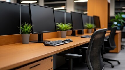 Modern office workspace setup with monitors indoor environment desk arrangement professional viewpoint