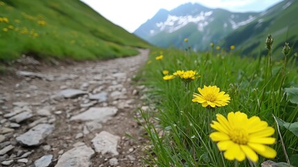 Obraz premium Scenic nature walk with yellow flowers mountain path photo outdoors low angle tranquility and beauty