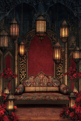 Digital Drawing of a Moroccan Lantern-Themed Wedding Stage with Vibrant and Ornate Details