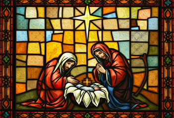 Stained glass window. The Nativity of Jesus. Christmas card design, printable pattern for wall decorations. Oil paint
