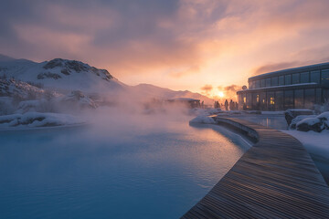Blue Lagoon, a luxury hot spring resort with steaming waters and surrounded by black rock formations. Generated by artificial intelligence