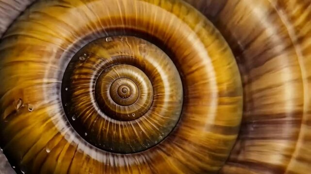 A stunning spiral shell reveals its delicate patterns and textures, enhanced by glistening water droplets, under soft natural light, emphasizing its beauty and intricacy.