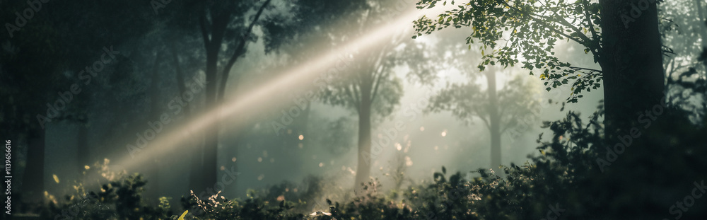 Poster panoramic view of a serene forest with sunlight filtering through tall trees, creating vibrant light