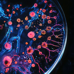 Glowing lactic acid bacteria in petri dish, showcasing vibrant colors and intricate patterns