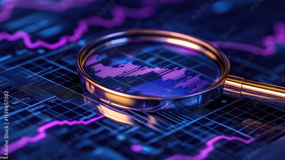 Poster analyzing financial trends with a magnifying glass stock market data visualization digital environme