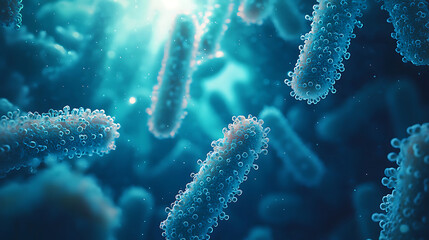 Fototapeta premium Magnified view of rod shaped bacteria in vibrant blue environment, showcasing their intricate details and structures