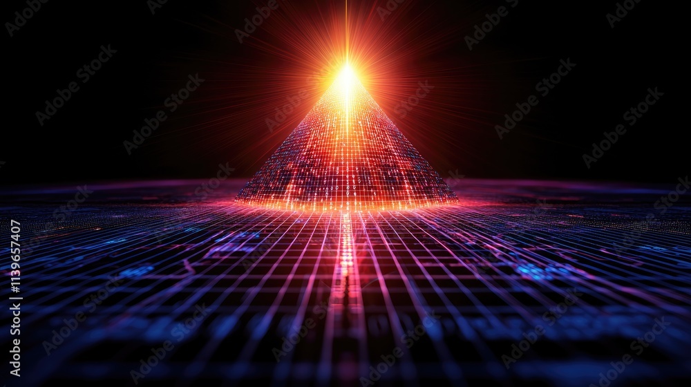 Poster illuminating digital pyramid structure virtual space 3d render futuristic environment dynamic concep