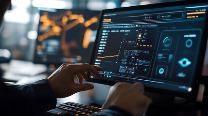 Data Analyst Reviewing Financial Charts on Desktop Computer. AI Generated