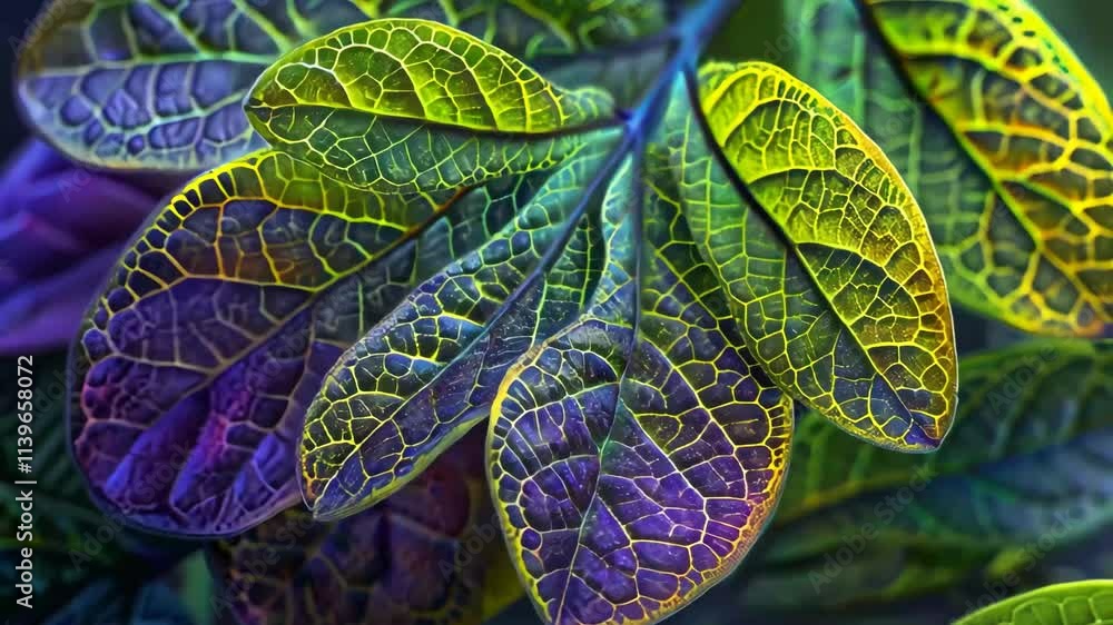 Poster a detailed view of multicolored leaves illuminated by natural light highlights their intricate vein 