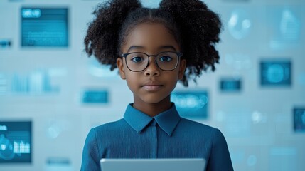 A young girl with glasses holds a tablet, set against a backdrop of digital data visuals, representing technology and education.