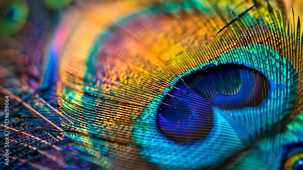 Poster Intricate patterns and vivid hues are displayed in a close-up of a peacock feather, revealing the beauty and complexity of its structure under soft sunlight.