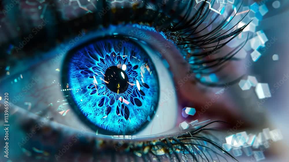 Poster a stunning blue eye captures attention with its intricate patterns and reflections, displaying a mes