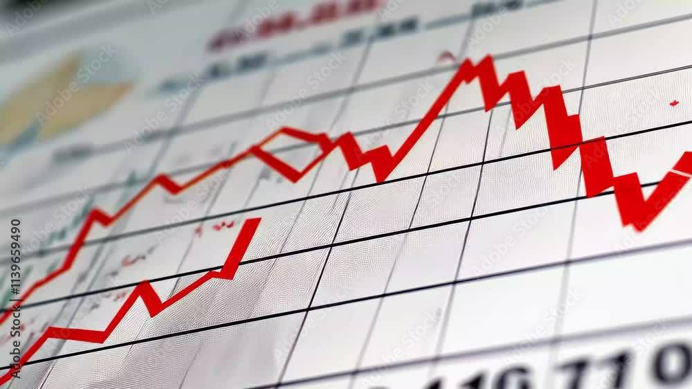 Poster a digital display outlines a data analytics trend with fluctuating metrics marked in red, illustrati