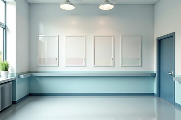 Obraz premium Empty pediatric clinic featuring vaccination posters, conveying a message of preparedness and public health awareness in a serene and hygienic environment.