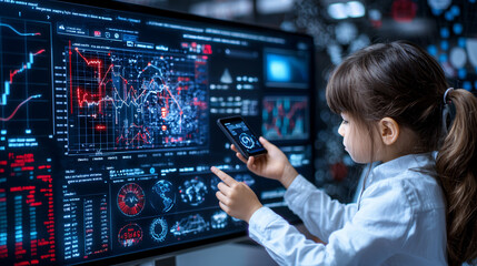 Child using smartphone while analyzing data on large screen, showcasing technology and learning. environment is modern and digital, emphasizing education and innovation