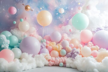 Festive balloon display whimsical setting digital art soft pastels eye-level view celebratory concept for seo impact