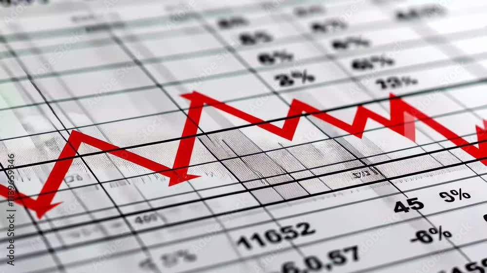 Poster a fluctuating red trend line displays market data on a grid, indicating financial analysis and perfo