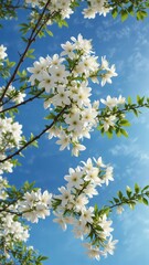 Obraz premium beautiful branches of blooming jasmine flowers against a clear blue sky, jasmine branch, natural beauty, peaceful landscape