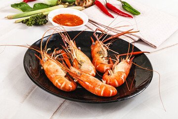 Boiled tiger prawn with sauce