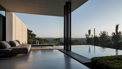 Fototapeta premium Modern outdoor lounge area with a sectional sofa overlooking a tranquil swimming pool and scenic landscape at sunset.