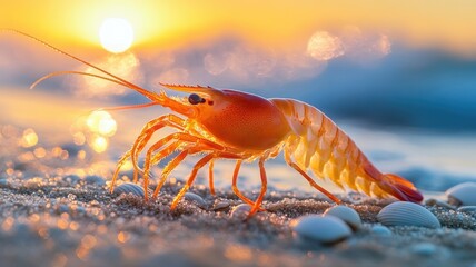 A shrimp on a sandy beach, with its vibrant colors standing out against the backdrop of sunlit waves and seashells.