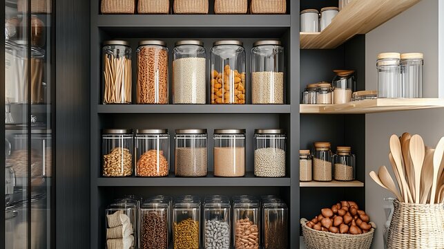 A kitchen pantry with modular storage shelves and neatly labeled glass containers