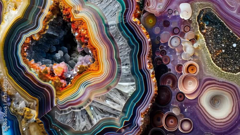 Poster The vibrant agate stone displays intricate layers and a spectrum of colors, revealing its unique patterns and textures from natural geological processes.