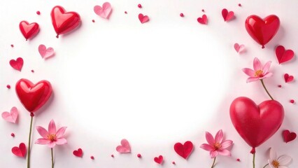Hearts and flowers on a white background, top view, layout for a card for Valentine's Day, Mother's Day, weddings, place for text