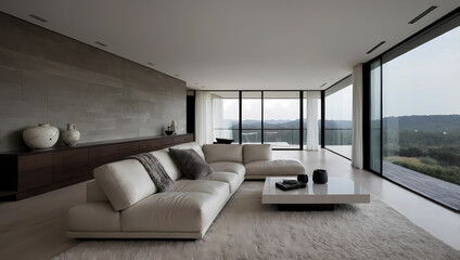 Modern living room featuring a light-colored sofa, minimalist decor, and large windows showcasing a scenic view.