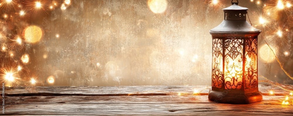 Poster illuminated lantern on rustic wooden table with sparkling lights.