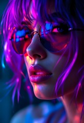 Stylish Woman in Neon Lighting Wearing Round Glasses – Futuristic Fashion Portrait Stock Photo