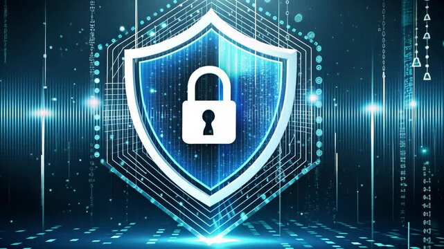 Futuristic cybersecurity shield with digital lock animation in blue matrix background
