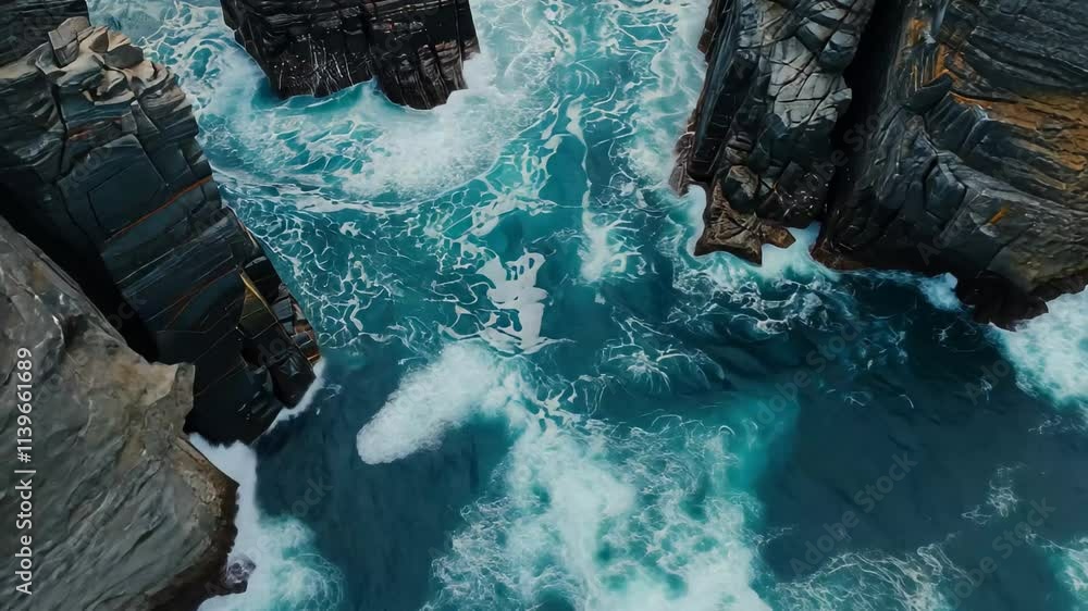 Poster the bright blue ocean waves vigorously crash against rugged cliffs, creating a stunning contrast whi