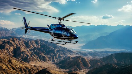Helicopter Flight Over Mountain Range. Scenic Aerial View. Adventure Travel.