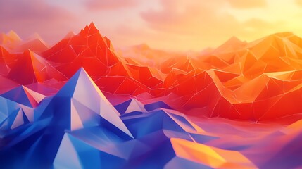 Low-Poly Mountain Range at Sunset: A Digital Landscape Illustration. AI Generated