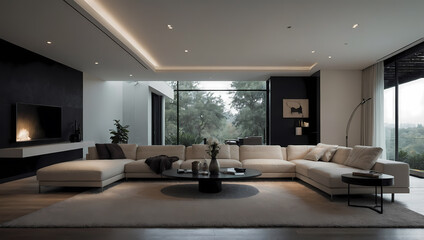 Fototapeta premium Modern living room featuring a large beige sectional sofa, minimalist decor, and floor-to-ceiling windows with a view of greenery.