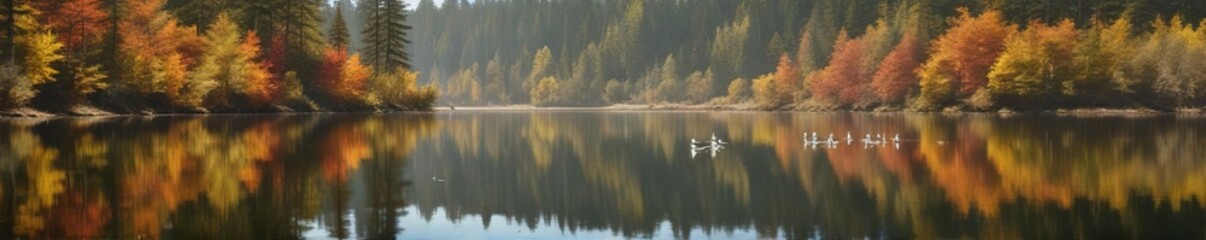Geese migration over calm autumn-colored lake surface with surrounding forest trees and undergrowth near Toketee Lake in Umpqua National Forest, migration, forest