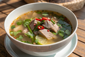 Fiery Pork Ribs Broth, Thai called - Tom Saab pork spare ribs. Spicy clear soup with pork spare ribs