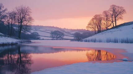 Fototapeta premium Serene Winter Landscape with Frozen Lake and Colorful Sunset Sky