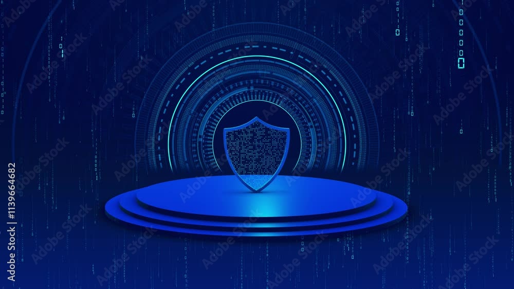 Poster privacy cyber space cybersecurity big data protection concept video. circle hud padlock binary polyg