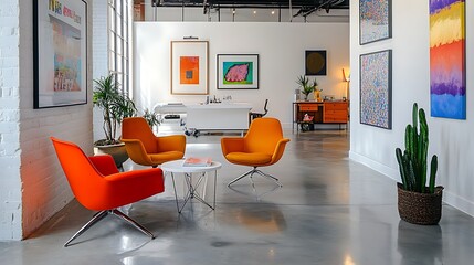Minimalist workspace with white walls, concrete floors, and bright accent chairs