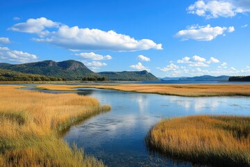 Breathtaking Cold Spring Landscape: Scenic Vista of Hudson River Marshes Framed by Majestic Mountains and Expansive Blue Skies