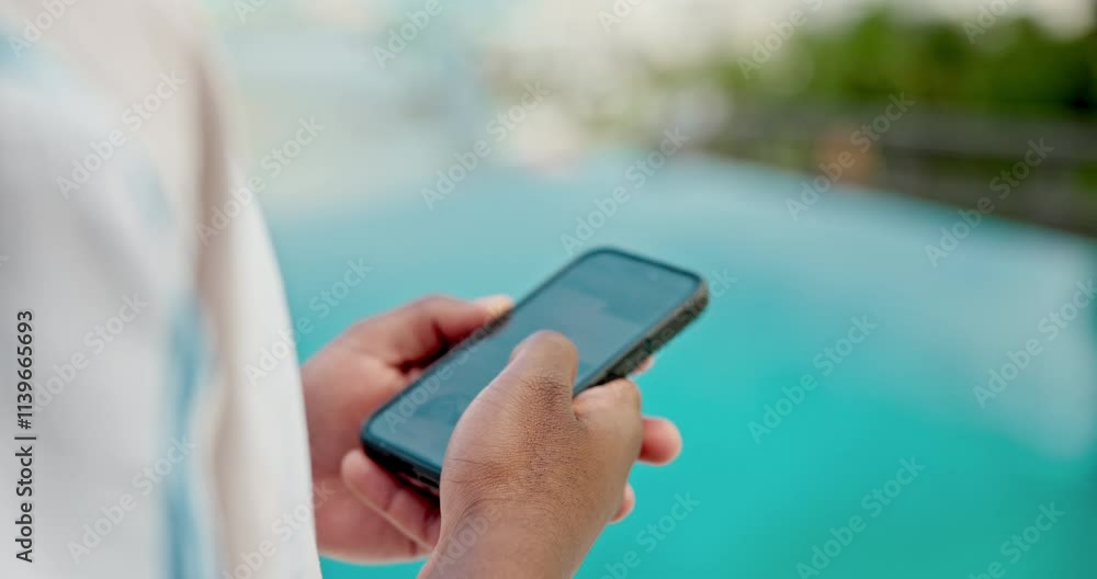 Poster hands, smartphone and scroll for online dating, connection and networking on social media. person, b