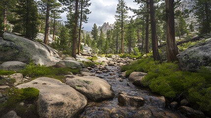 Sunlight Dappled Mountain Stream: A Summer Day in the Pines. AI Generated