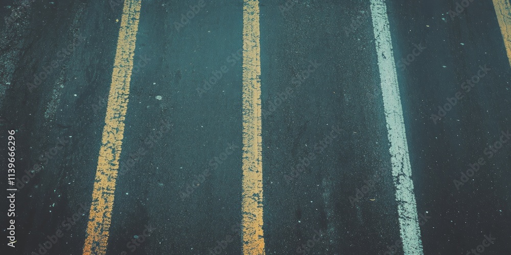 Poster texture of faded road markings on asphalt showing worn lines and faded colors