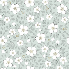 Vector illustration. Seamless pattern of white small flowers on a green gray background. Ditsy floral pattern, field of flowers, print for fabric, textile, wallpaper, baby clothes, packaging