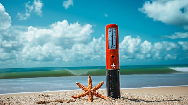 Bright beach day with a starfish and a tide gauge standing on the sand under a vivid sky