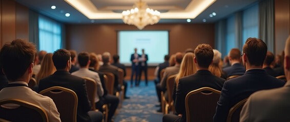 Rear view of a audience engaged in listening to a speaker delivering an at a business conference hall
