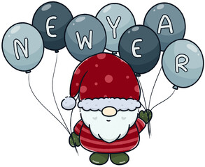 Cute cartoon Gnome holding balloon decoration new year, element cartoon happy new year