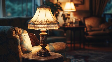 A vintage-inspired living room illuminated by an antique table lamp with ornate designs, rich fabrics, and vintage decor elements.